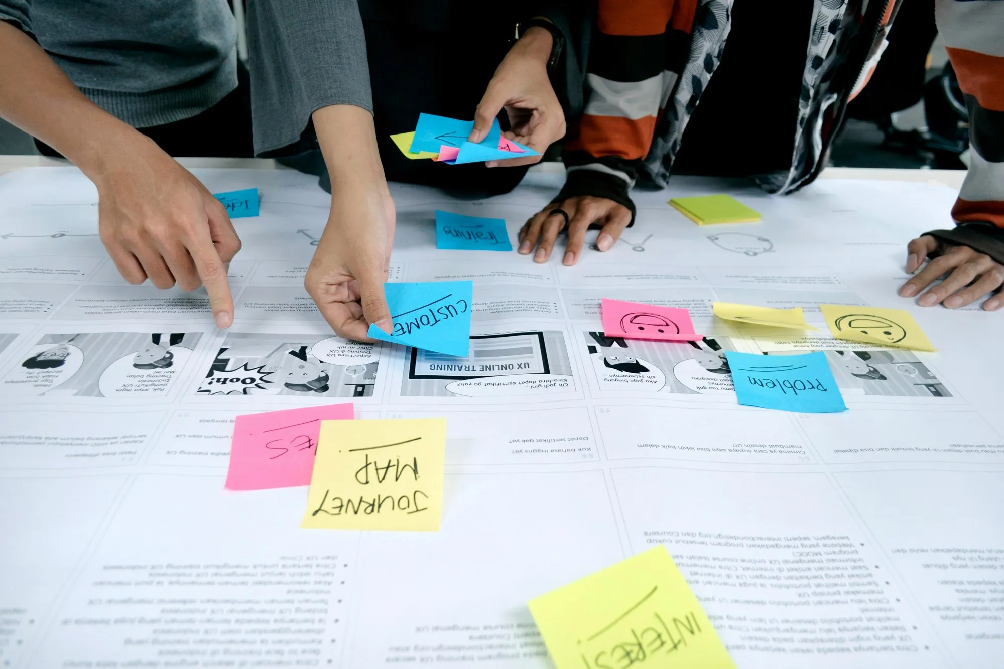 A team mapping a user journey with sticky notes on a glass wall